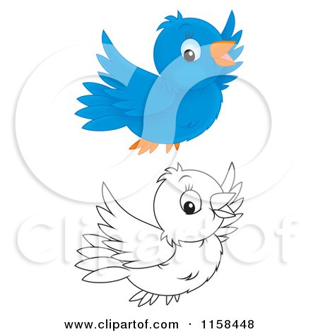 Cartoon of Outlined and Colored Bluebird Flying - Royalty Free Illustration by Alex Bannykh