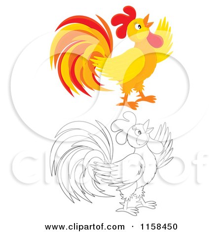 Cartoon of a Colored and Outlined Crowing Rooster - Royalty Free Illustration by Alex Bannykh