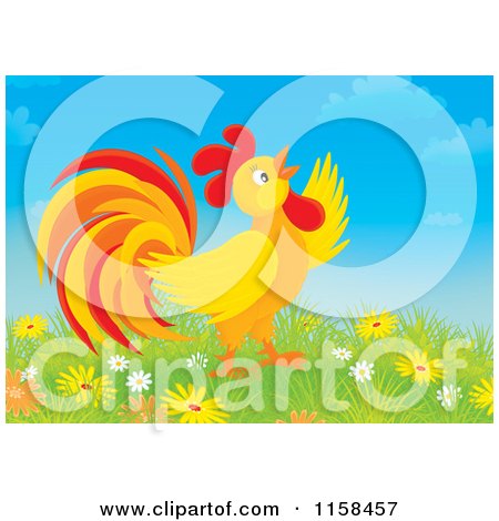 Cartoon of a Crowing Rooster in Flowers - Royalty Free Illustration by Alex Bannykh