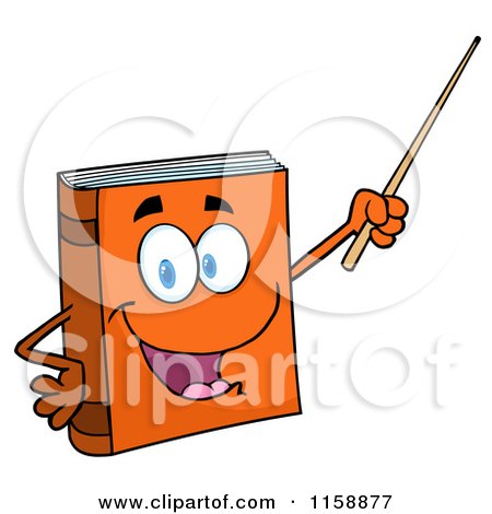 Cartoon of a Happy Orange Book Mascot Holding a Pointer Stick - Royalty Free Vector Clipart by Hit Toon