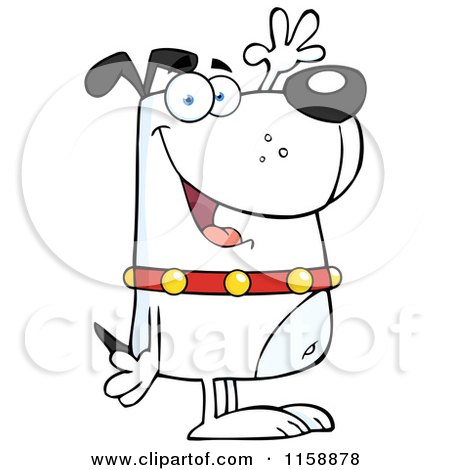 Cartoon of a Happy White Dog Standing Upright and Waving - Royalty Free Vector Clipart by Hit Toon