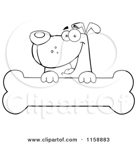 Cartoon of a Happy Outlined Dog Smiling over a Bone Sign - Royalty Free Vector Clipart by Hit Toon