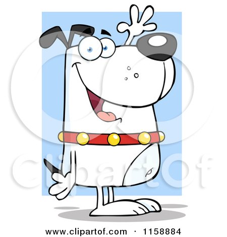 Cartoon of a Happy White Dog Standing Upright and Waving over Blue - Royalty Free Vector Clipart by Hit Toon