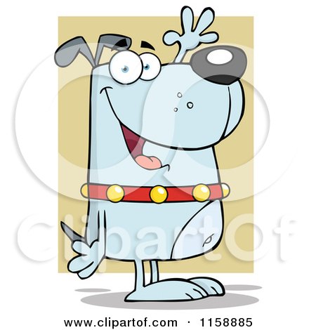 Cartoon of a Happy Blue Dog Standing Upright and Waving over Green - Royalty Free Vector Clipart by Hit Toon