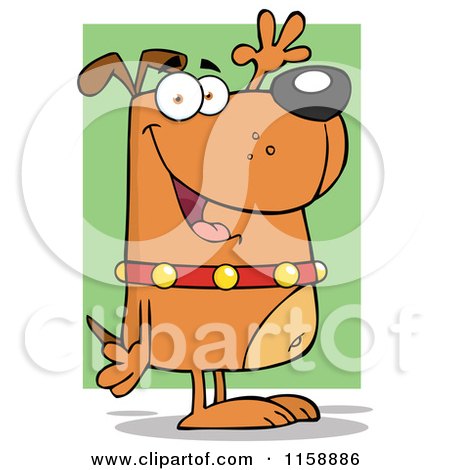 Cartoon of a Happy Brown Dog Standing Upright and Waving over Green - Royalty Free Vector Clipart by Hit Toon