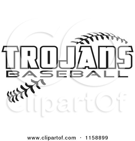 Clipart of Black and White Trojans Baseball Text over Stitches - Royalty Free Vector Illustration by Johnny Sajem