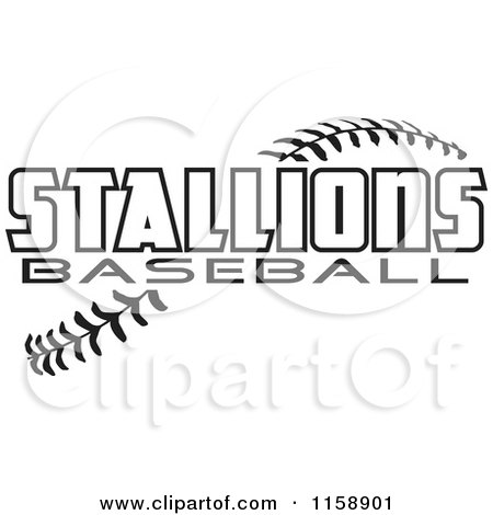 Clipart of Black and White Stallions Baseball Text over Stitches - Royalty Free Vector Illustration by Johnny Sajem