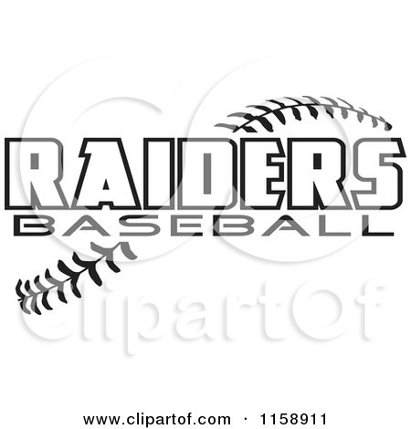 Clipart of Black and White Raiders Baseball Text over Stitches - Royalty Free Vector Illustration by Johnny Sajem