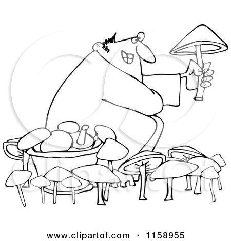 Cartoon of an Outlined Man Picking Mushrooms - Royalty Free Vector Illustration by djart