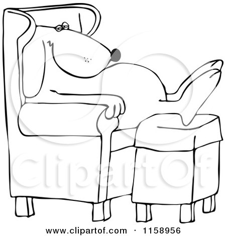 Cartoon of an Outlined Dog Sleeping in a Chair with His Feet on an Ottoman - Royalty Free Vector Illustration by djart