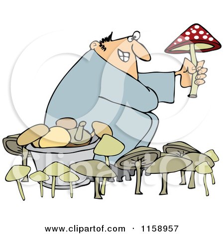 Cartoon of a Man Picking Mushrooms One Being Poisonous - Royalty Free Vector Illustration by djart