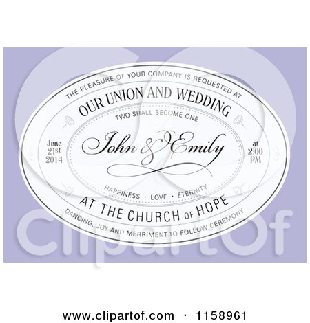 Clipart of an Oval Wedding Invitation with Sample Text over Purple - Royalty Free Vector Illustration by BestVector