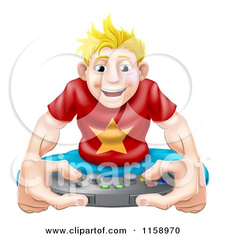 Cartoon of a Happy Blond Gamer Guy Holding a Remote - Royalty Free Vector Illustration by AtStockIllustration