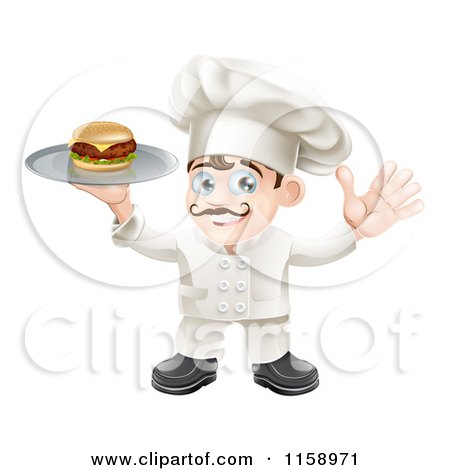 Cartoon of a Happy Chef Holding up a Cheeseburger on a Platter - Royalty Free Vector Illustration by AtStockIllustration