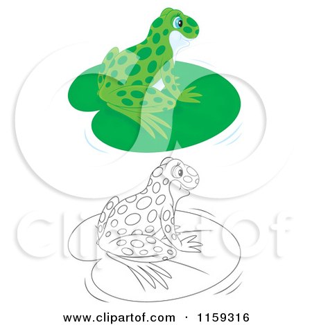 Cartoon of a Cute Green and Outlined Frog on a Pond Lily Pad - Royalty Free Clipart by Alex Bannykh