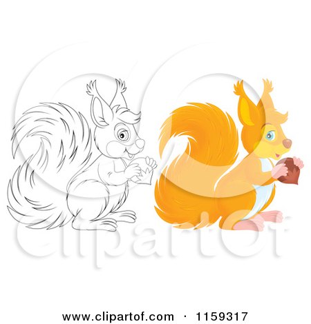 Cartoon of a Cute Outlined and Colored Squirrel Holding an Acorn - Royalty Free Clipart by Alex Bannykh