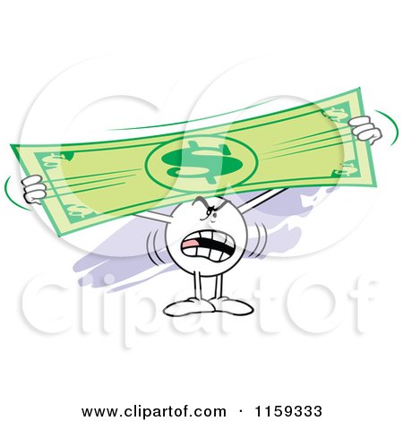 Cartoon of a Mad Moodie Character Holding up and Stretching a Dollar Bill - Royalty Free Vector Clipart by Johnny Sajem