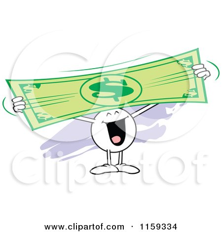 Cartoon of a Happy Moodie Character Holding up and Stretching a Dollar Bill - Royalty Free Vector Clipart by Johnny Sajem