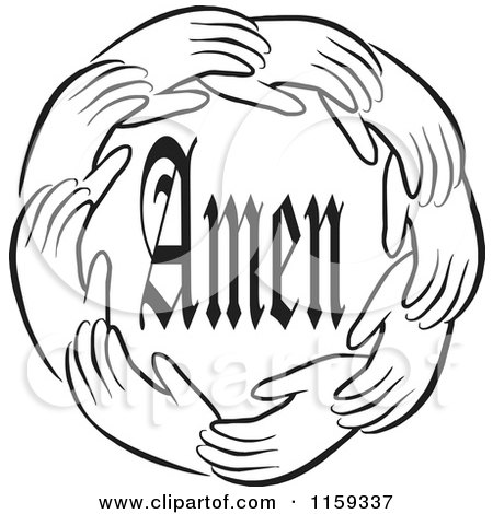 Cartoon of a Black and White Circle of Hands Around Amen - Royalty Free Vector Clipart by Johnny Sajem