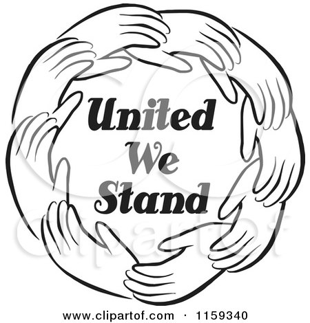 Cartoon of a Black and White Circle of Hands Around United We Stand - Royalty Free Vector Clipart by Johnny Sajem