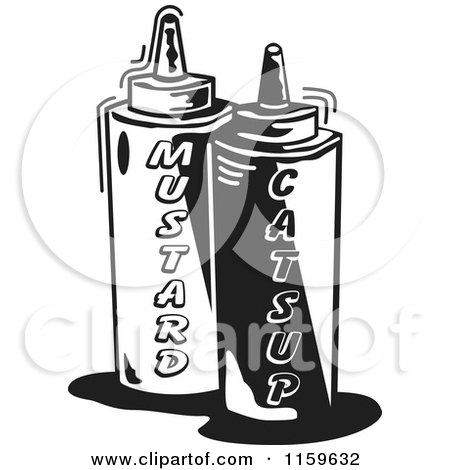 Cartoon of Black and White Mustard and Catsup Condiment Bottles - Royalty Free Vector Clipart by Andy Nortnik