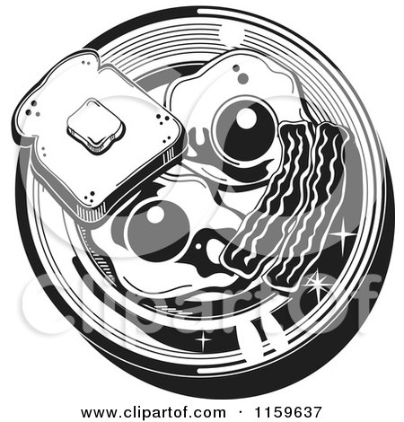Cartoon of a Black and White Breafast Plate with Toast Eggs and Bacon - Royalty Free Vector Clipart by Andy Nortnik