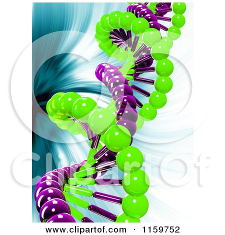 Clipart of a 3d Green and Purple Double Helix Dna Strand on Blue - Royalty Free CGI Illustration by MacX