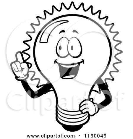 Cartoon Clipart Of A Black And White Happy Bulb with an Idea - Vector Outlined Coloring Page by Cory Thoman