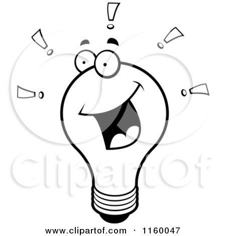 Cartoon Clipart Of A Black And White Bright Lightbulb with Exclamation Points - Vector Outlined Coloring Page by Cory Thoman