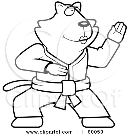 Cartoon Clipart Of A Black And White Karate Cat - Vector Outlined Coloring Page by Cory Thoman