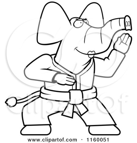 Cartoon Clipart Of A Black And White Karate Elephant - Vector Outlined Coloring Page by Cory Thoman
