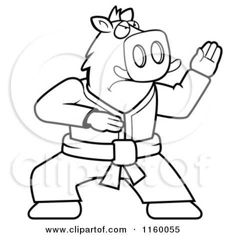 Cartoon Clipart Of A Black And White Karate Boar - Vector Outlined Coloring Page by Cory Thoman