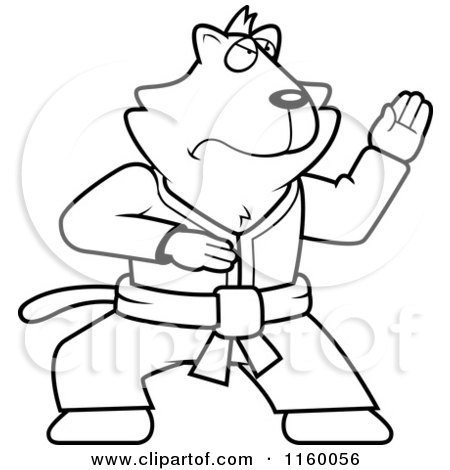 Cartoon Clipart Of A Black And White Fighting Karate Cat - Vector Outlined Coloring Page by Cory Thoman