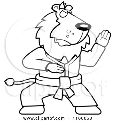Cartoon Clipart Of A Black And White Karate Lion - Vector Outlined Coloring Page by Cory Thoman