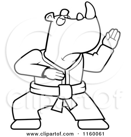 Cartoon Clipart Of A Black And White Karate Rhino - Vector Outlined Coloring Page by Cory Thoman