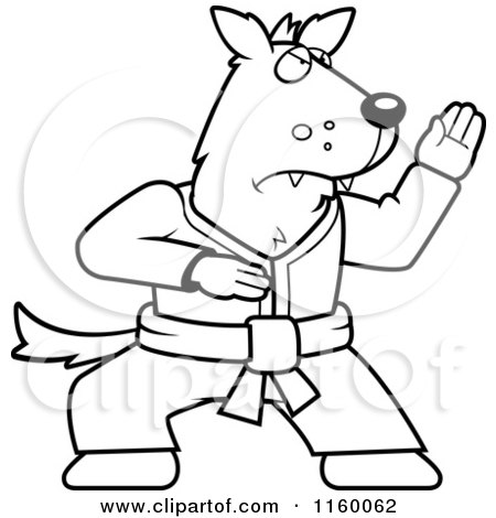 Cartoon Clipart Of A Black And White Karate Wolf - Vector Outlined Coloring Page by Cory Thoman