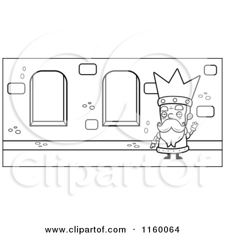 Cartoon Clipart Of A Black And White Old King Waving in a Hallway - Vector Outlined Coloring Page by Cory Thoman
