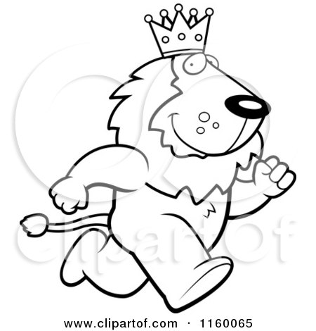 Cartoon Clipart Of A Black And White Running King Lion - Vector Outlined Coloring Page by Cory Thoman