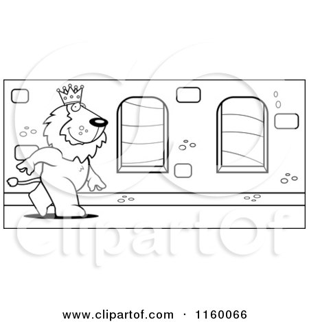 Cartoon Clipart Of A Black And White King Lion Walking down a Hallway in a Castle - Vector Outlined Coloring Page by Cory Thoman
