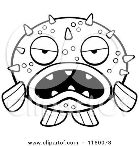 Cartoon Clipart Of A Black And White Grumpy Blowfish Facing Front - Vector Outlined Coloring Page by Cory Thoman