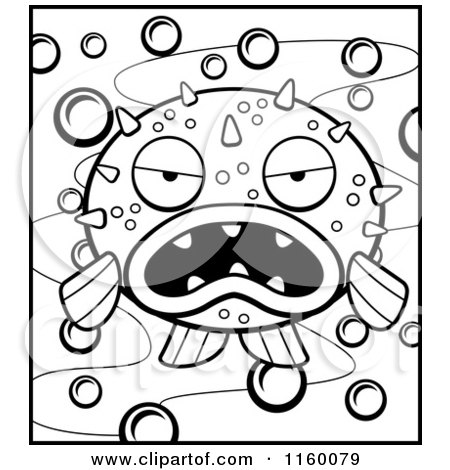 Cartoon Clipart Of A Black And White Grumpy Blowfish on a Bubbly Background - Vector Outlined Coloring Page by Cory Thoman
