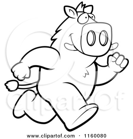 Cartoon Clipart Of A Black And White Boar Character Running - Vector Outlined Coloring Page by Cory Thoman