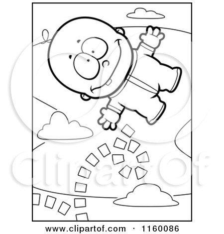 Cartoon Clipart Of A Black And White Baby Boy Bouncing off of Clouds in the Sky - Vector Outlined Coloring Page by Cory Thoman