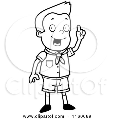 Cartoon Clipart Of A Black And White Scout Boy Standing and Holding up a Finger - Vector Outlined Coloring Page by Cory Thoman