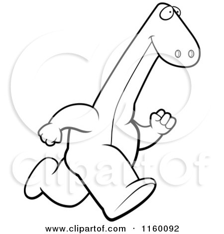 Cartoon Clipart Of A Black And White A Running Brontosaurus - Vector Outlined Coloring Page by Cory Thoman