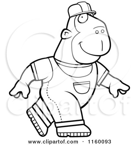 Cartoon Clipart Of A Black And White Builder Ape Walking - Vector Outlined Coloring Page by Cory Thoman