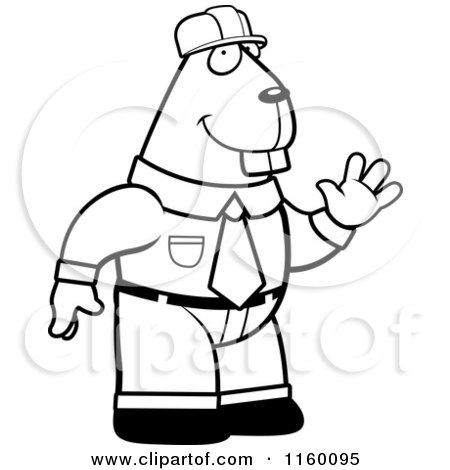 Cartoon Clipart Of A Black And White Friendly Waving Builder Beaver Wearing a Hard Hat - Vector Outlined Coloring Page by Cory Thoman