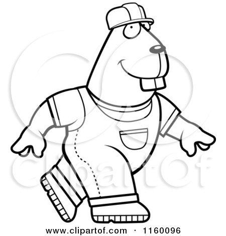 Cartoon Clipart Of A Black And White Walking Builder Beaver in Overalls and a Hard Hat - Vector Outlined Coloring Page by Cory Thoman