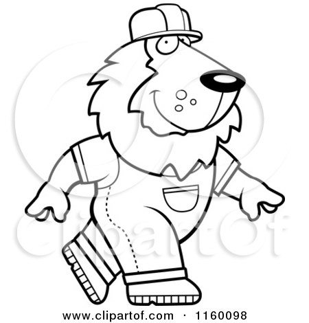 Cartoon Clipart Of A Black And White Builder Lion Walking - Vector Outlined Coloring Page by Cory Thoman