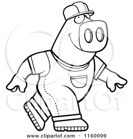 Cartoon Clipart Of A Black And White Builder Pig Walking - Vector Outlined Coloring Page by Cory Thoman